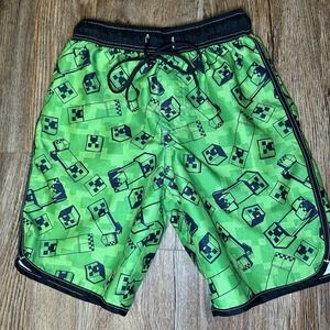Minecraft Creeper Boys Sz M Swim Trunks Bathing Swim Suit Green Black Pixelated
